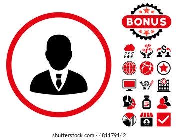 Manager icon with bonus. Vector illustration style is flat iconic bicolor symbols, intensive red and black colors, white background.