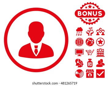 Manager icon with bonus. Vector illustration style is flat iconic symbols, red color, white background.