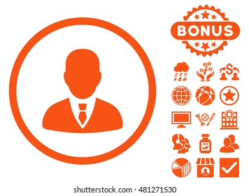 Manager icon with bonus. Vector illustration style is flat iconic symbols, orange color, white background.