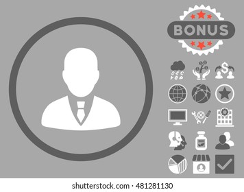 Manager icon with bonus. Vector illustration style is flat iconic bicolor symbols, dark gray and white colors, silver background.
