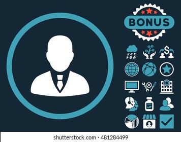 Manager icon with bonus. Vector illustration style is flat iconic bicolor symbols, blue and white colors, dark blue background.