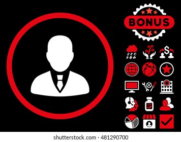 Manager icon with bonus. Vector illustration style is flat iconic bicolor symbols, red and white colors, black background.