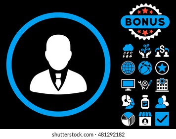 Manager icon with bonus. Vector illustration style is flat iconic bicolor symbols, blue and white colors, black background.