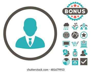 Manager icon with bonus. Vector illustration style is flat iconic bicolor symbols, grey and cyan colors, white background.