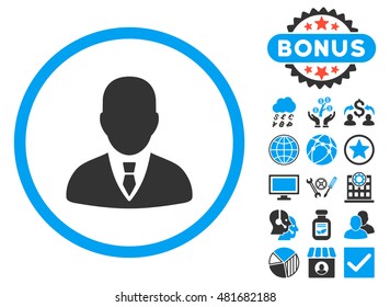 Manager icon with bonus. Vector illustration style is flat iconic bicolor symbols, blue and gray colors, white background.