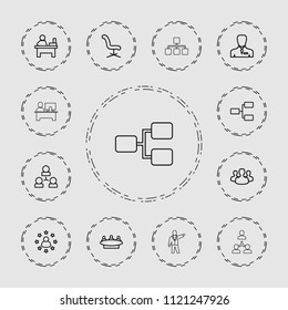 Manager icon. collection of 13 manager outline icons such as office chair, group, table, businessman, structure, user group. editable manager icons for web and mobile.