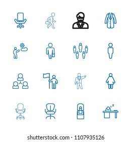 Manager icon. collection of 16 manager outline icons such as man, office chair, man with case, woman, group, structure. editable manager icons for web and mobile.