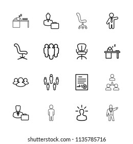 Manager icon. collection of 16 manager outline icons such as businessman, office chair, group, man sleeping on table. editable manager icons for web and mobile.