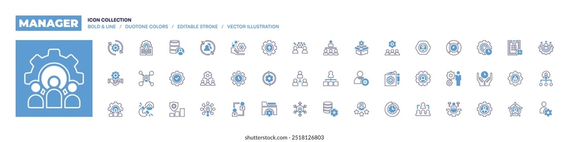 Colección de icono de administrador. Estilo de línea en negrita. Colores duotónicos. Gestión de datos, trabajo en curso, empleado, gestión de tiempo, gestión de activos digitales, equipo.