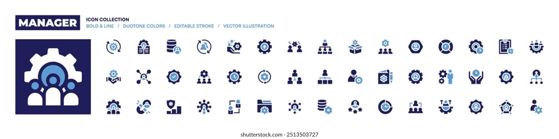 Coleção de ícones do gerenciador. Estilo negrito. Cores duotônicas. recursos humanos, planejamento, gerente, gerenciamento de tempo, gerenciamento de equipe, gerenciamento, executivo, gerente de projeto.