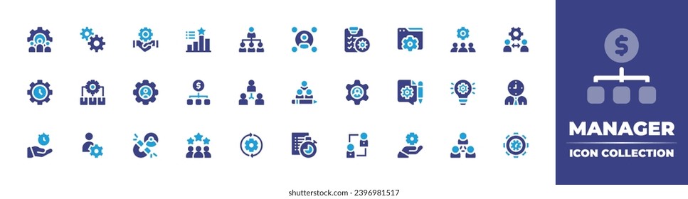 Symbol-Sammlung des Managers. Duotonfarbe. Vektorgrafik und transparente Illustration. Enthält Produktmanagement, Geldmanagement, Personalwesen, Beurteilung, Team, CRM, Hierarchie, Checkliste, Mitarbeiter, Zeit