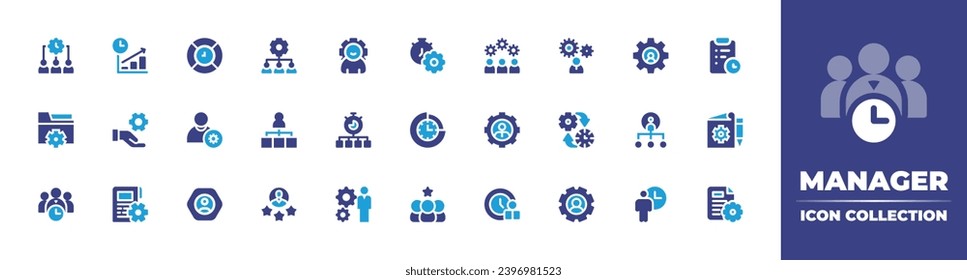 Symbol-Sammlung des Managers. Duotonfarbe. Vektorgrafik und transparente Illustration. Management, Time-to-Market, Team-Management, Kandidaten, Benutzer, Content Management, Talent, Time-Manager, Projekt