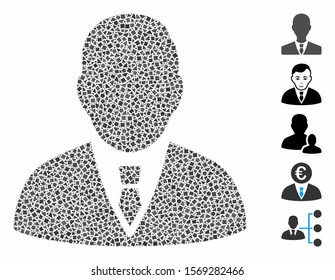 Manager icon mosaic of ragged items in variable sizes and shades, based on manager icon. Vector bumpy items are organized into mosaic. Manager icons collage with dotted pattern.