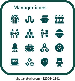  manager icon set. 16 filled manager icons. Simple modern icons about  - Uniform, Stumbleupon, Avatar, Team, Cooperation, Hierarchical structure, Skills, Desk chair, Briefcase