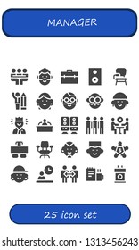 manager icon set. 25 filled manager icons.  Simple modern icons about  - Meeting, Man, Briefcase, Speaker, Desk chair, Businessman, Avatar, Worker, Interview, Group, Desk, Employee
