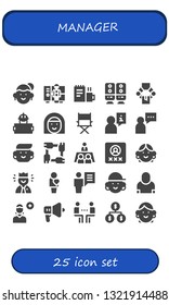 manager icon set. 25 filled manager icons.  Simple modern icons about  - Avatar, Worker, Work, Speaker, Manipulator, Director, User, Unity, Meeting, Human, Salesman, Add user