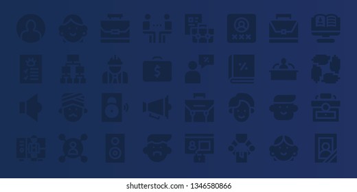 manager icon set. 32 filled manager icons. on blue background style Collection Of - User, Profile, Speaker, Worker, Avatar, Structure, Man, Case, Meeting, Briefcase, Salesman