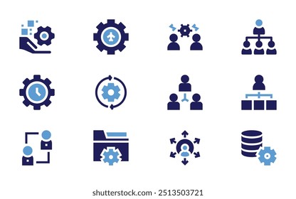 Ícone do gerenciador definido. Estilo negrito. Cores duotônicas. coordenação, trabalho em andamento, conflito, gerenciamento de tempo, gerenciamento de ativos digitais, engrenagem.