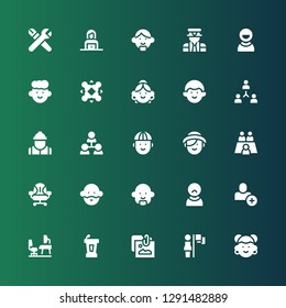 manager icon set. Collection of 25 filled manager icons included Avatar, Leadership, Portfolio, Conference, Workplace, Add user, User, Desk chair, Meeting, Woman, Man, Hierarchical structure