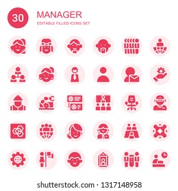 manager icon set. Collection of 30 filled manager icons included Avatar, Pilot, Team, Hierarchical structure, Businessman, User, Worker, Manipulator, Teamwork, Conference, Desk chair