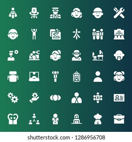 manager icon set. Collection of 36 filled manager icons included Portfolio, Bust, Woman, Teamwork, People, Customer, Meeting, Employee, Person, Management, Avatar, User, Portrait
