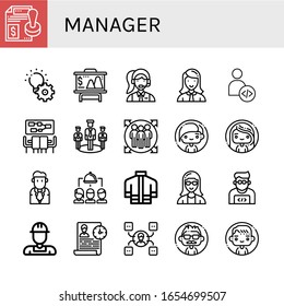 Symbol-Set für Manager. Kollektion von Unisymbolen für Verträge, Entwicklung, Präsentation, Clerk, Manager, Entwickler, Meeting, Team, Teammitglied, Frau, Geschäftsmann, Gruppe, Feuerwehrkämpfer, Geschäftsmann, Brandbekämpfer