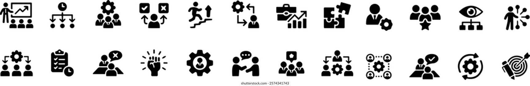 Manager icon set. Containing leadership, supervision, hiring, coaching, management, development, organization, teamwork and delegation icons.