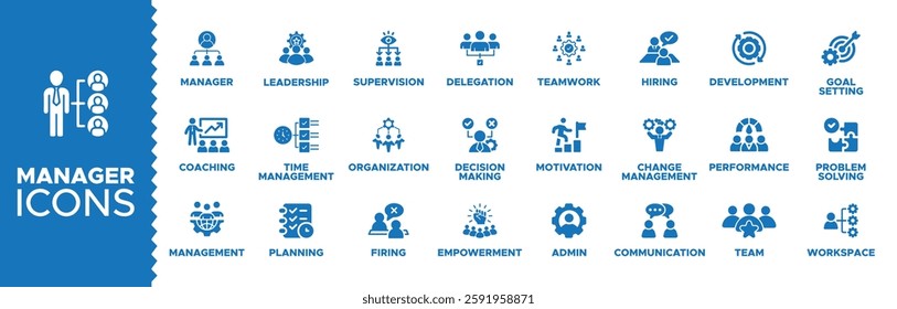 Manager icon set. Manager icon, Containing leadership, supervision, hiring, coaching, management, development, organization, teamwork and delegation icons. Solid icons collection. Vector illustration.