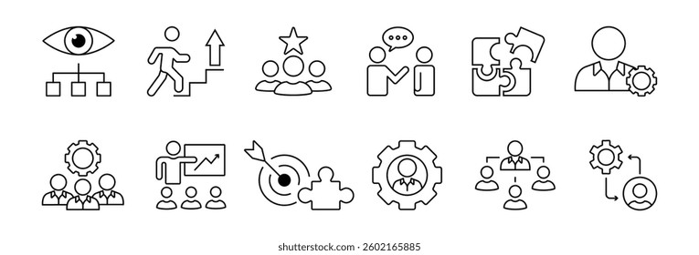 Manager icon set. Containing leadership, supervision, hiring, coaching, management, development, organization, teamwork and delegation icons. Solid icons collection. Vector illustration.