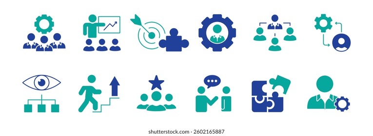 Manager icon set. Containing leadership, supervision, hiring, coaching, management, development, organization, teamwork and delegation icons. Solid icons collection. Vector illustration.