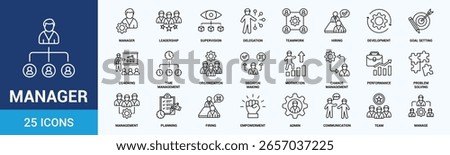 Manager icon set. Containing leadership, supervision, hiring, coaching, management, development, organization, teamwork and delegation icons. Outline icons collection. Vector illustration.