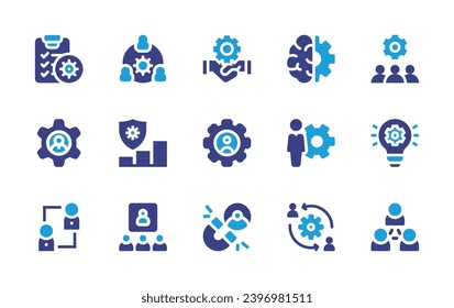 Manager icon set. Duotone color. Vector illustration. Containing team work, machine learning, crm, check list, worker, risk management, user, setting, gear, development, manager, integration, magnet.