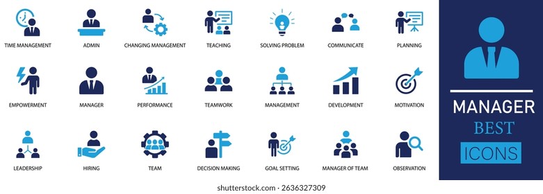 Manager icon set. A flat, solid black vector icon set, perfect for presentations, apps, and marketing, featuring leadership, teamwork, planning, and more.