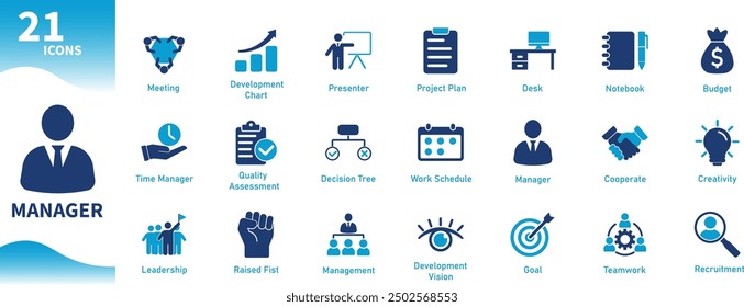 Manager icon. Set of icons for teamwork, management, leadership, office work, recruitment. Solid vector icons.