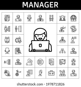 manager icon set. line icon style. manager related icons such as job search, briefcase, hierarchical structure, chair, curriculum, discussion, employee, list, users, desk chair