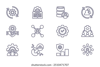 Manager icon set. Line style. Editable stroke. team management, exchange, compliance, database, time management, digital asset management.