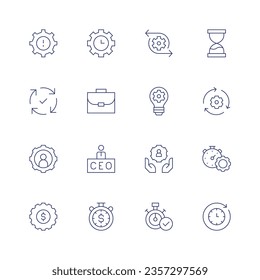 Manager icon set. Thin line icon. Editable stroke. Containing problem, work time, recovery, sandclock, process, briefcase, light bulb, gear, ceo, community, time management, money management.
