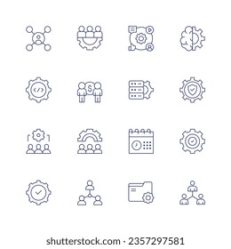 Manager icon set. Thin line icon. Editable stroke. Containing delegate, coding, collaboration, compliance, work, management, machine learning, gear, schedule, problem solving, people, data storage.