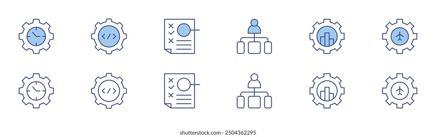 Manager icon set in two styles, Duotone and Thin Line style. Editable stroke. management, time management, coding, sales, gear, proofreading.