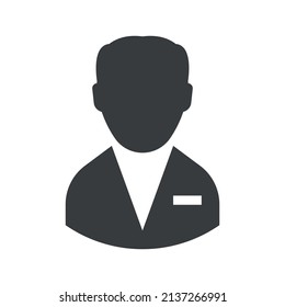 Manager icon. A simple glyph depiction of the upper half of a man in a suit with a name tag. Isolated vector on pure white background.