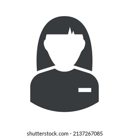 Icono de Administrador. Una simple representación glifo de la mitad superior de una mujer con un traje con una etiqueta de nombre. Vector aislado sobre fondo blanco puro.