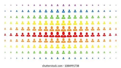 Manager icon spectral halftone pattern. Vector manager objects are organized into halftone array with vertical spectrum gradient. Constructed for backgrounds, covers,