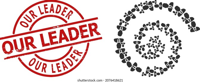 Manager icon spiral mosaic, and Our Leader dirty stamp. Manager signs are arranged into whirlpool mosaic structure. Red stamp seal has Our Leader tag inside round form.