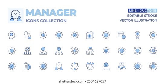 Manager icons collection. Line Duotone style, editable stroke. problem, gear, management, time management, problem solving, work, target, workflow, battery, document management.