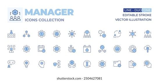 Manager icons collection. Line Duotone style, editable stroke. data management, time management, hourglass, gear, idea, multitasking, appointment, candidate, management, community.