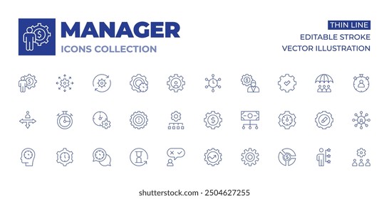 Manager icons collection. Thin Line icons, editable stroke. money management, management, hourglass, candidate, coordination, time management, risk management, decision making, chronometer.