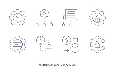 Iconos del administrador. Trazo editable. Conteniendo administración de tiempo, administración de datos, plan de contenido, planificación, venta, usuario.