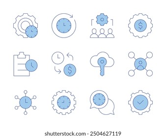 Manager icons. Line Duotone style, editable stroke. time management, money management, delegate, compliance, coordination, productivity, management, key, collaboration.