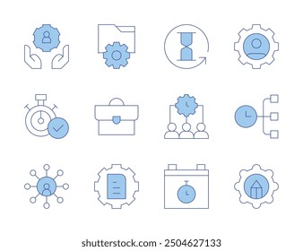 Iconos del administrador. Línea estilo Duotone, carrera editable. gestión de contenido, gestión de tiempo, administrar, maletín, gestión, reloj de arena, Configuraciones, recursos humanos, planificación, comunidad.