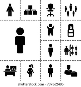 Manager icons. set of 13 editable filled manager icons such as man, group, structure, user, office supply, male consultant   with case, table, office chair